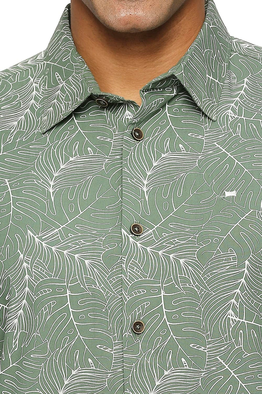 BASICS SLIM FIT ARTICHOKE GREEN COTTON TWILL PRINTED SHIRT