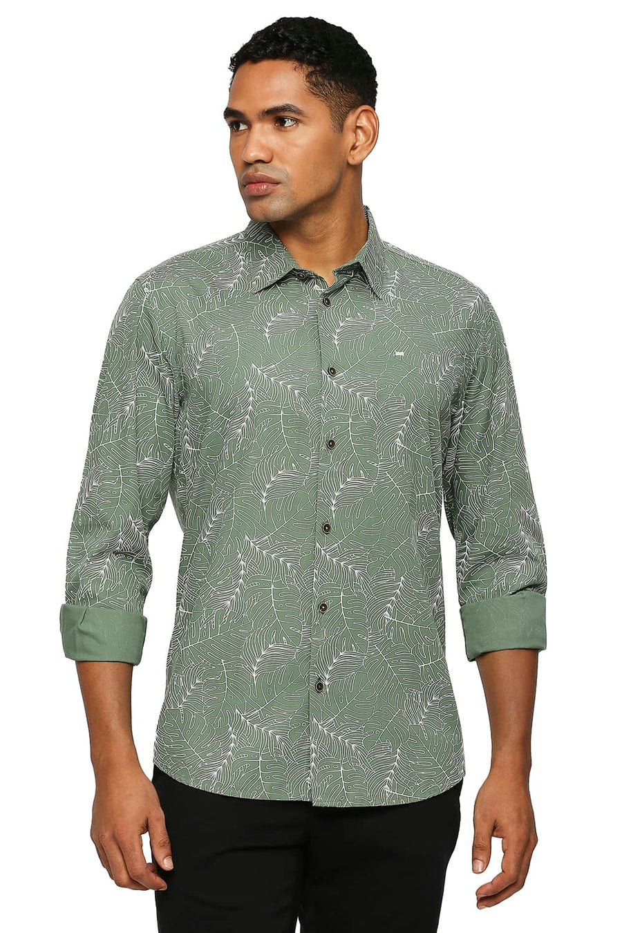 BASICS SLIM FIT ARTICHOKE GREEN COTTON TWILL PRINTED SHIRT