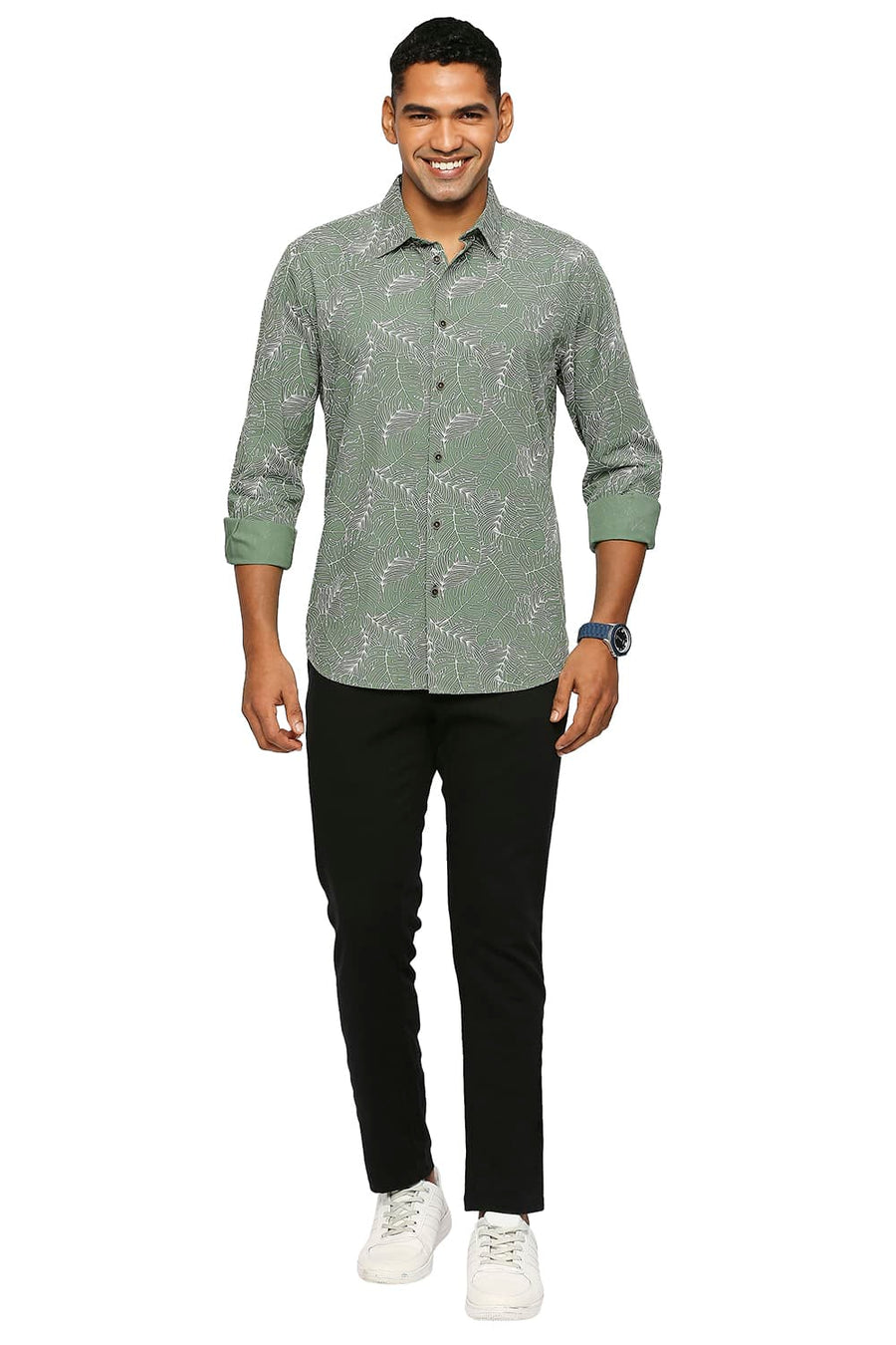 BASICS SLIM FIT ARTICHOKE GREEN COTTON TWILL PRINTED SHIRT