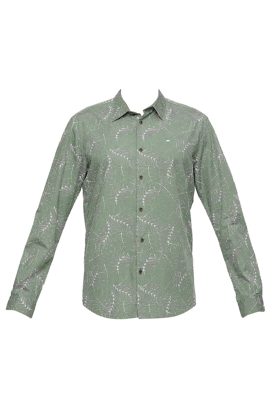 BASICS SLIM FIT ARTICHOKE GREEN COTTON TWILL PRINTED SHIRT