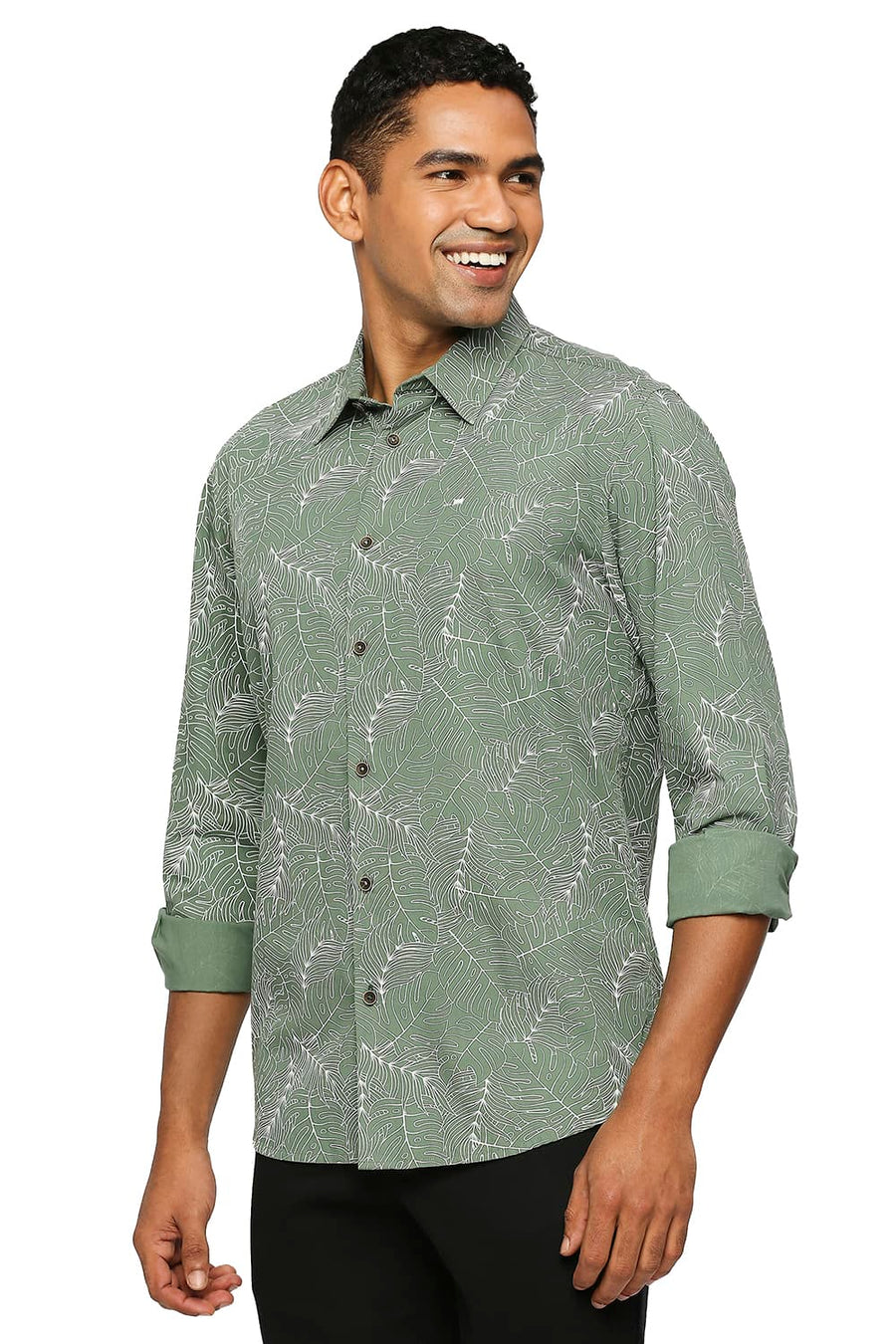 BASICS SLIM FIT ARTICHOKE GREEN COTTON TWILL PRINTED SHIRT