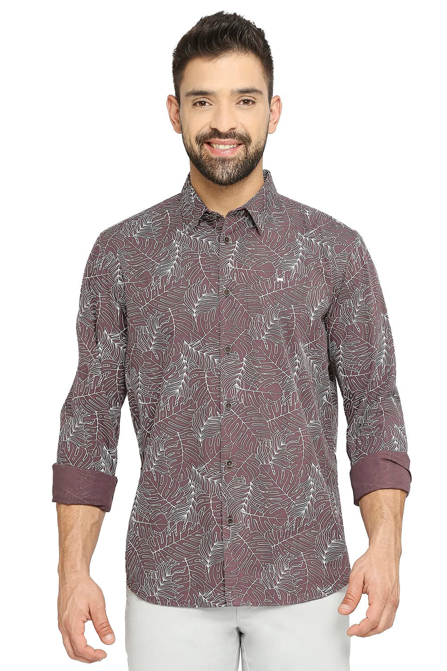 BASICS SLIM FIT ITALIAN WINE COTTON TWILL PRINTED SHIRT
