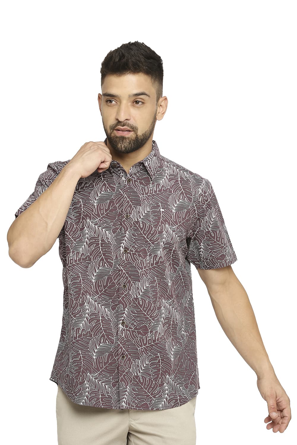 BASICS SLIM FIT COTTON TWILL PRINTED HALFSLEEVES SHIRT