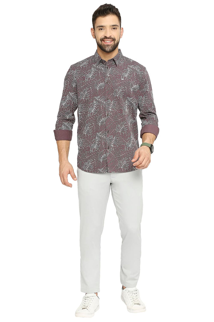 BASICS SLIM FIT ITALIAN WINE COTTON TWILL PRINTED SHIRT