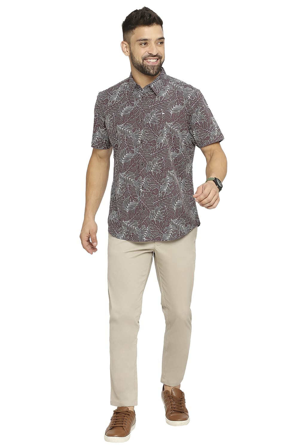 BASICS SLIM FIT COTTON TWILL PRINTED HALFSLEEVES SHIRT