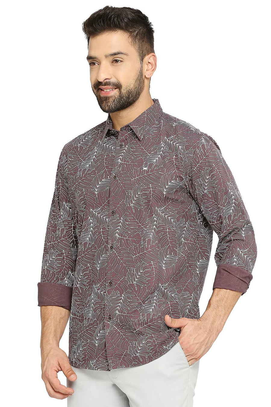 BASICS SLIM FIT ITALIAN WINE COTTON TWILL PRINTED SHIRT