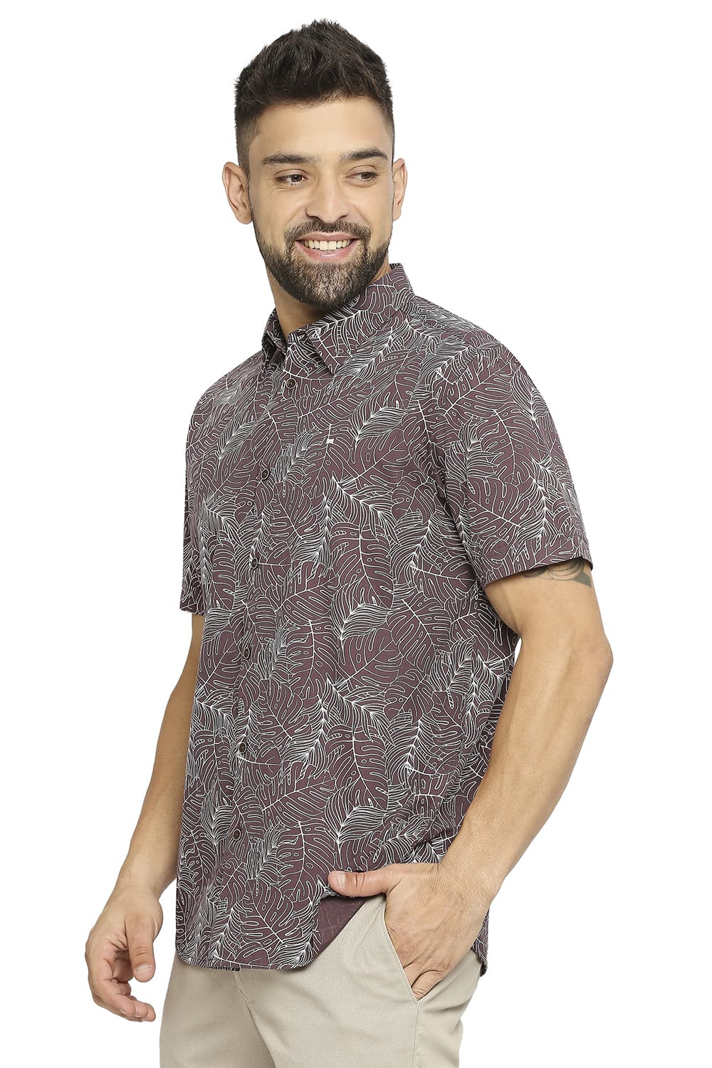 BASICS SLIM FIT COTTON TWILL PRINTED HALFSLEEVES SHIRT