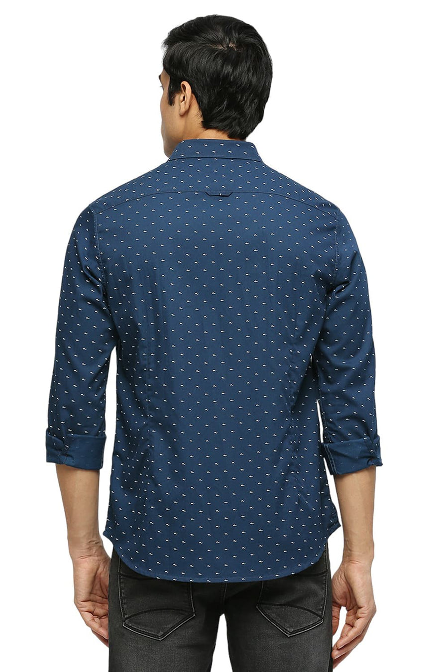 BASICS SLIM FIT MOROCCAN BLUE COTTON POLYESTER TWILL PRINTED SHIRT