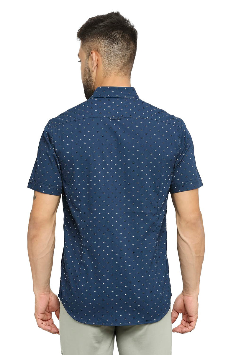 BASICS SLIM FIT COTTON POLYESTER TWILL PRINTED HALFSLEEVES SHIRT