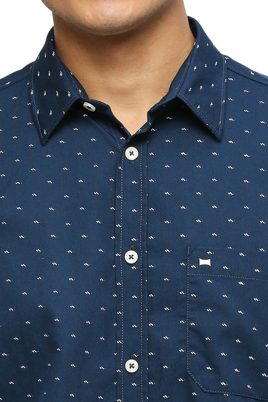 BASICS SLIM FIT MOROCCAN BLUE COTTON POLYESTER TWILL PRINTED SHIRT