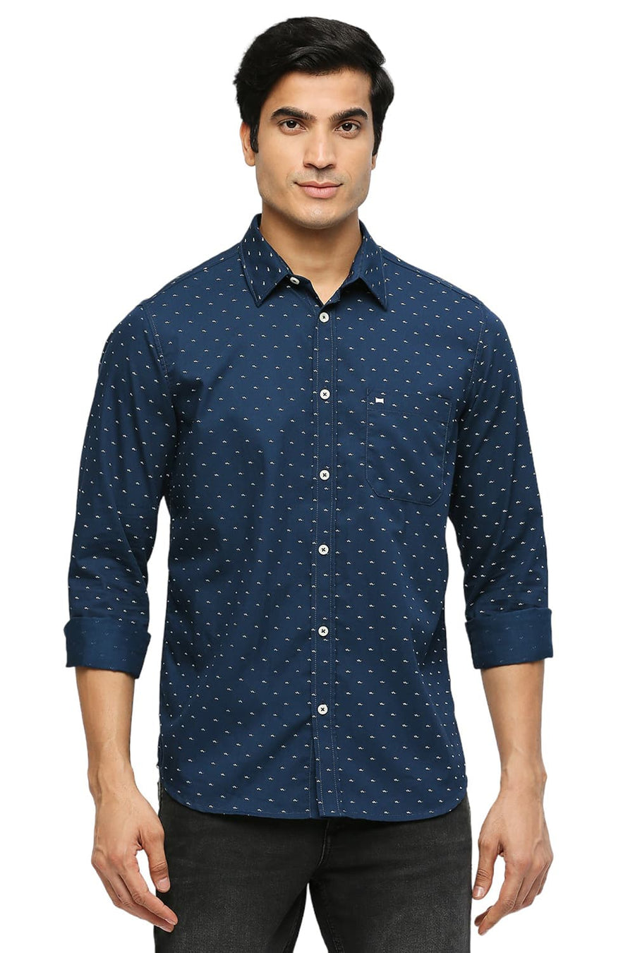 BASICS SLIM FIT MOROCCAN BLUE COTTON POLYESTER TWILL PRINTED SHIRT