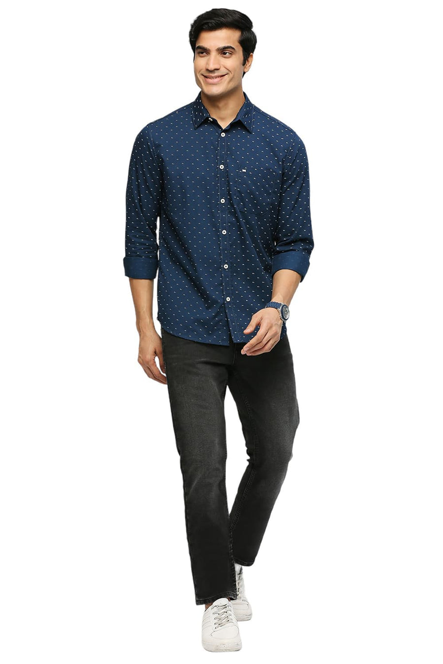 BASICS SLIM FIT MOROCCAN BLUE COTTON POLYESTER TWILL PRINTED SHIRT