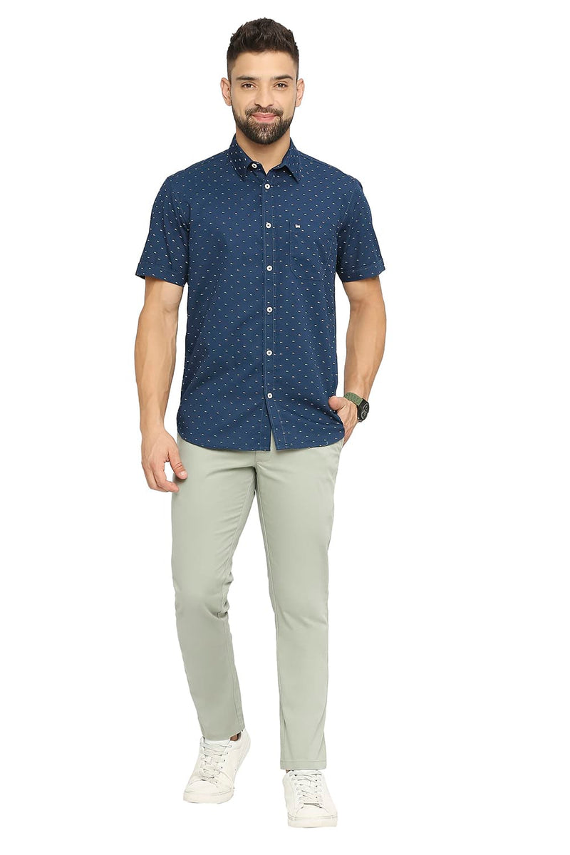 BASICS SLIM FIT COTTON POLYESTER TWILL PRINTED HALFSLEEVES SHIRT