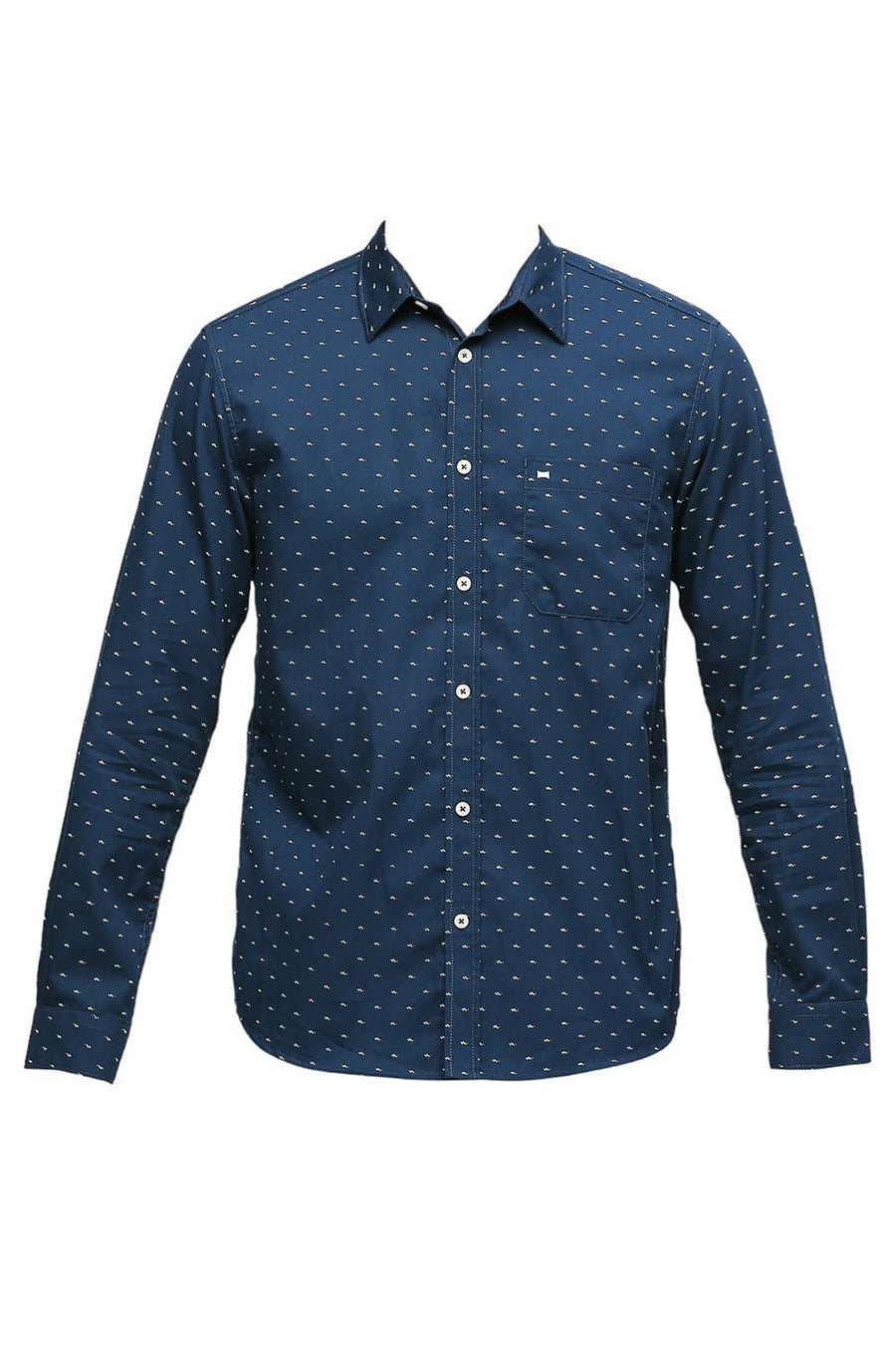 BASICS SLIM FIT MOROCCAN BLUE COTTON POLYESTER TWILL PRINTED SHIRT