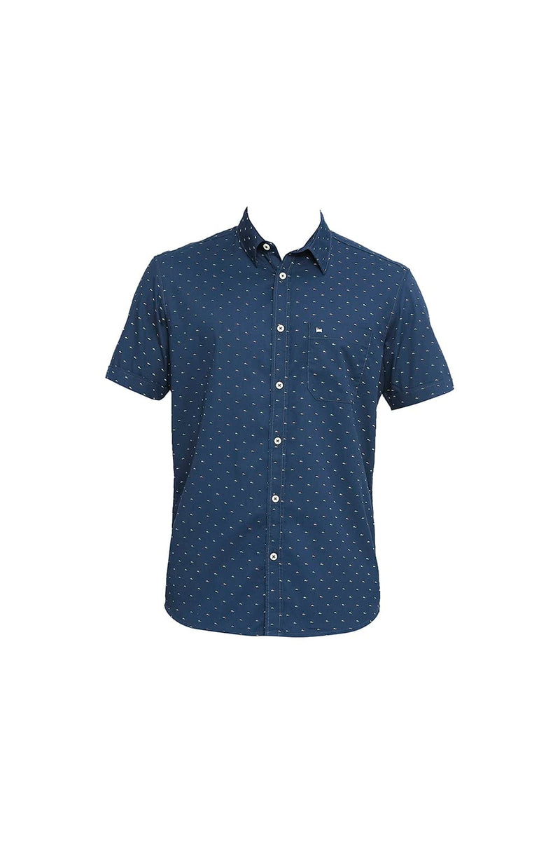 BASICS SLIM FIT MOROCCAN BLUE COTTON POLYESTER TWILL PRINTED HALFSLEEVES SHIRT-23BSH51850H