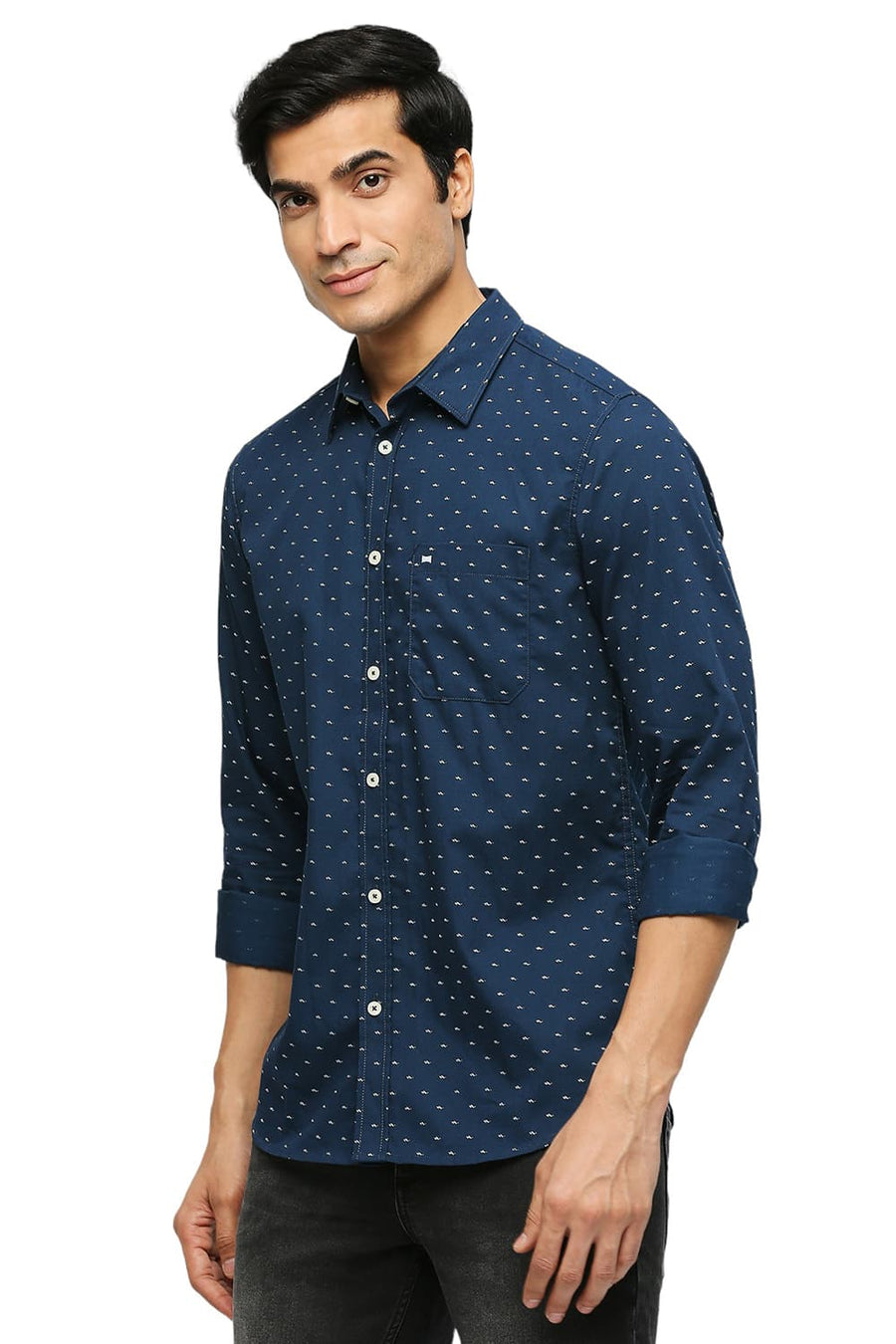 BASICS SLIM FIT MOROCCAN BLUE COTTON POLYESTER TWILL PRINTED SHIRT