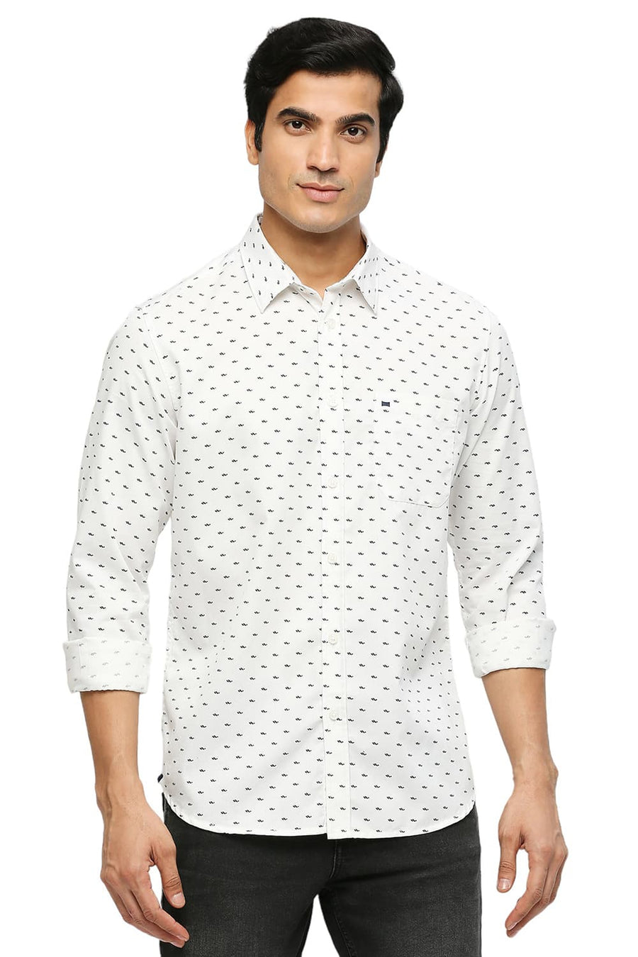 BASICS SLIM FIT EGRET WHITE COTTON POLYESTER TWILL PRINTED SHIRT