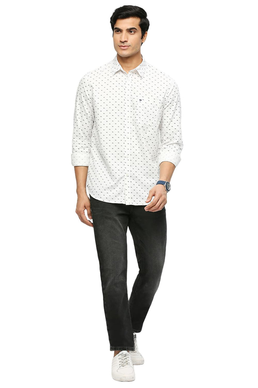 BASICS SLIM FIT EGRET WHITE COTTON POLYESTER TWILL PRINTED SHIRT