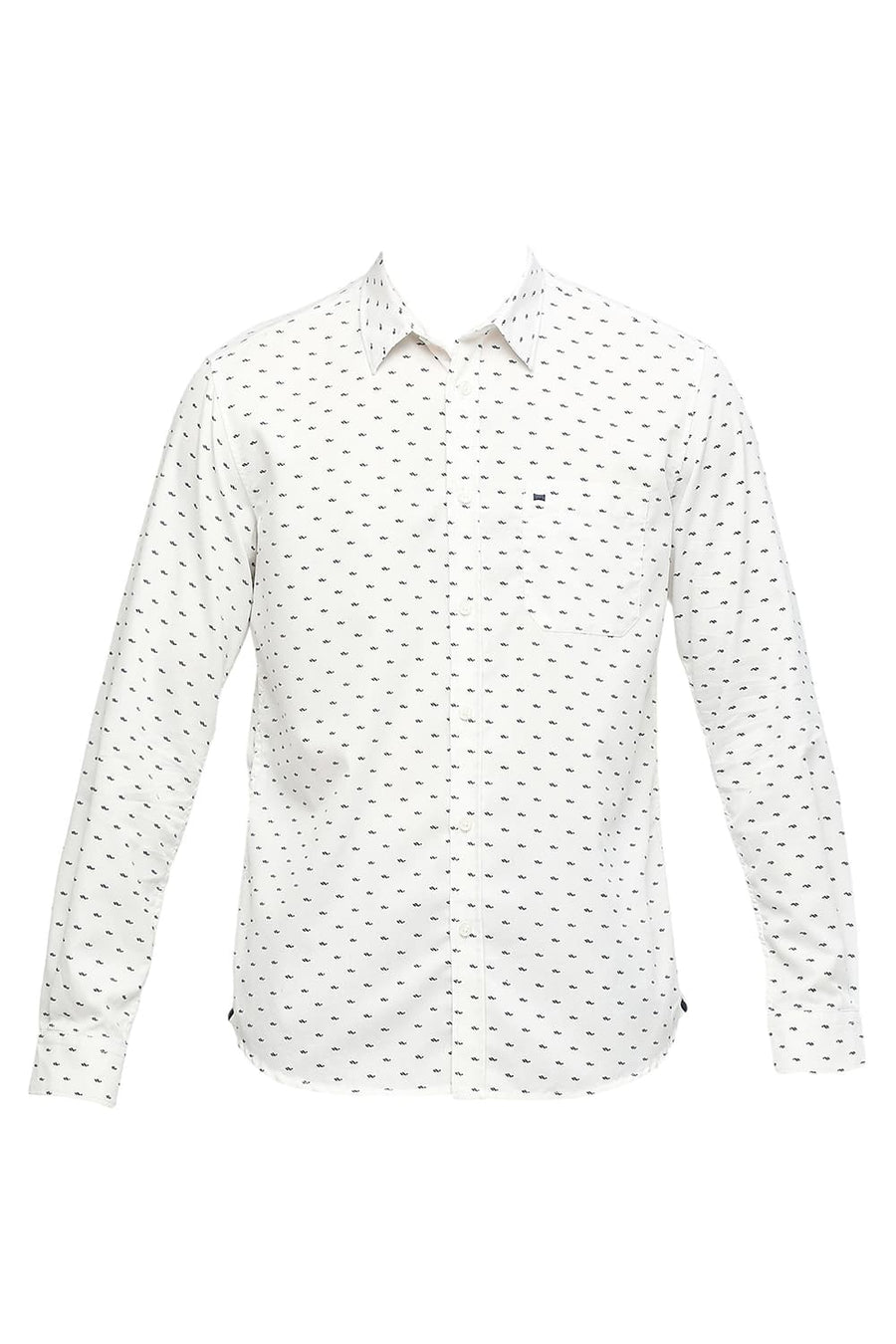 BASICS SLIM FIT EGRET WHITE COTTON POLYESTER TWILL PRINTED SHIRT