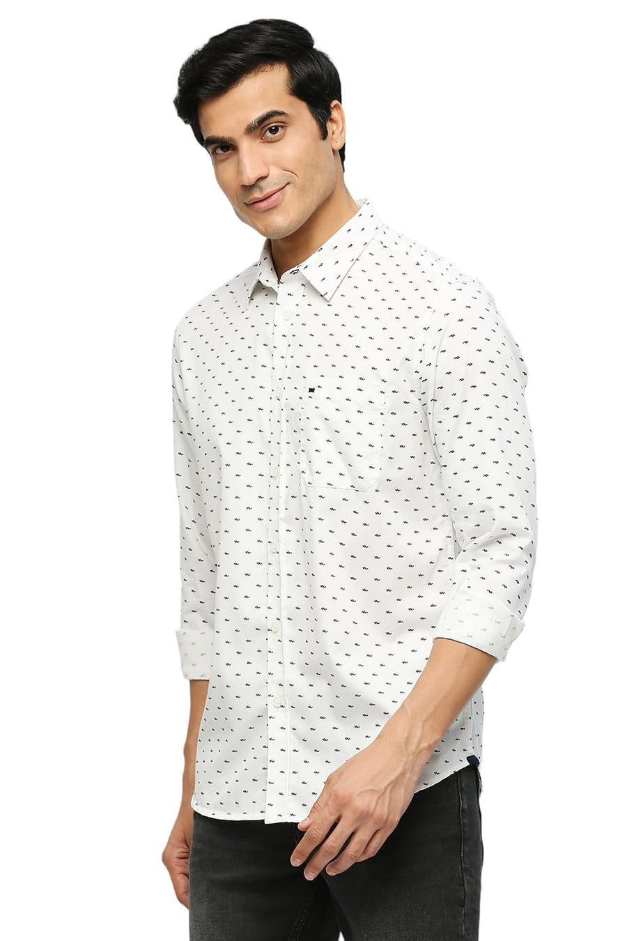 BASICS SLIM FIT EGRET WHITE COTTON POLYESTER TWILL PRINTED SHIRT