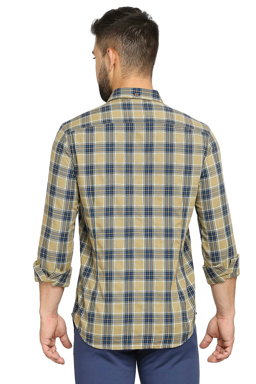 BASICS SLIM FIT POLICE KHAKI COTTON POLYESTER TWILL CHECKS SHIRT