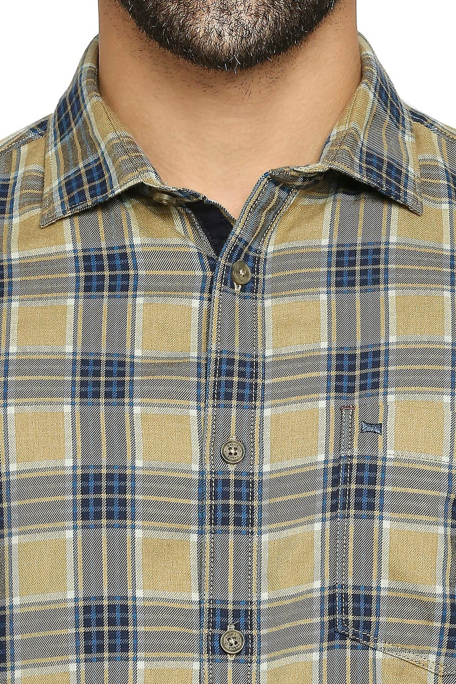 BASICS SLIM FIT POLICE KHAKI COTTON POLYESTER TWILL CHECKS SHIRT