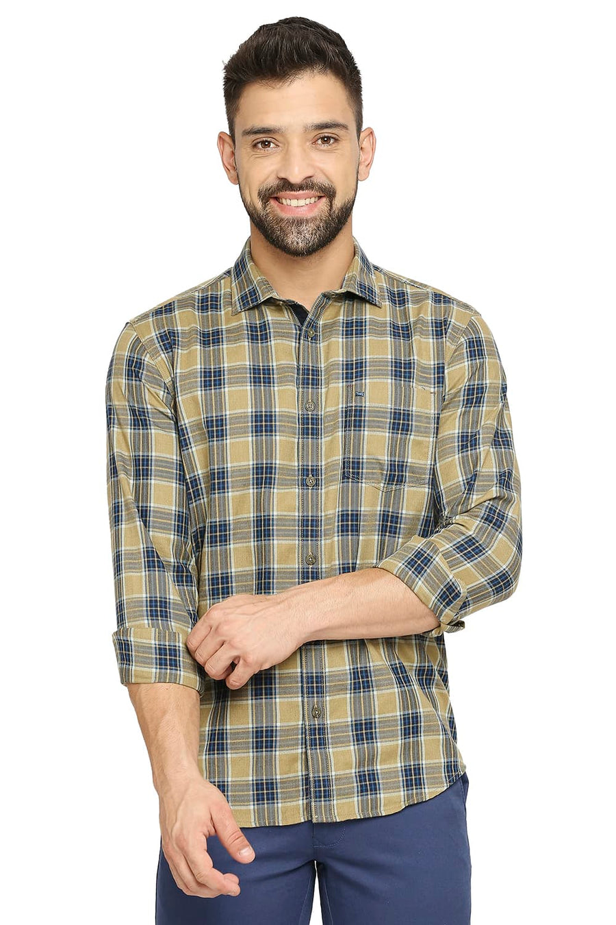 BASICS SLIM FIT POLICE KHAKI COTTON POLYESTER TWILL CHECKS SHIRT