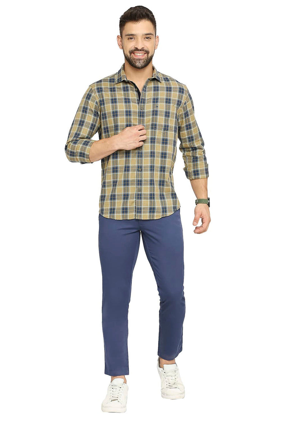 BASICS SLIM FIT POLICE KHAKI COTTON POLYESTER TWILL CHECKS SHIRT