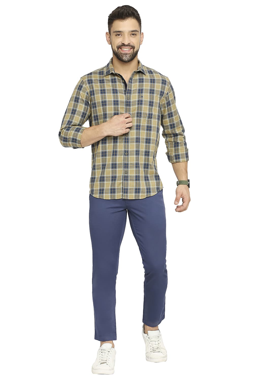 BASICS SLIM FIT COTTON POLYESTER TWILL CHECKS SHIRT