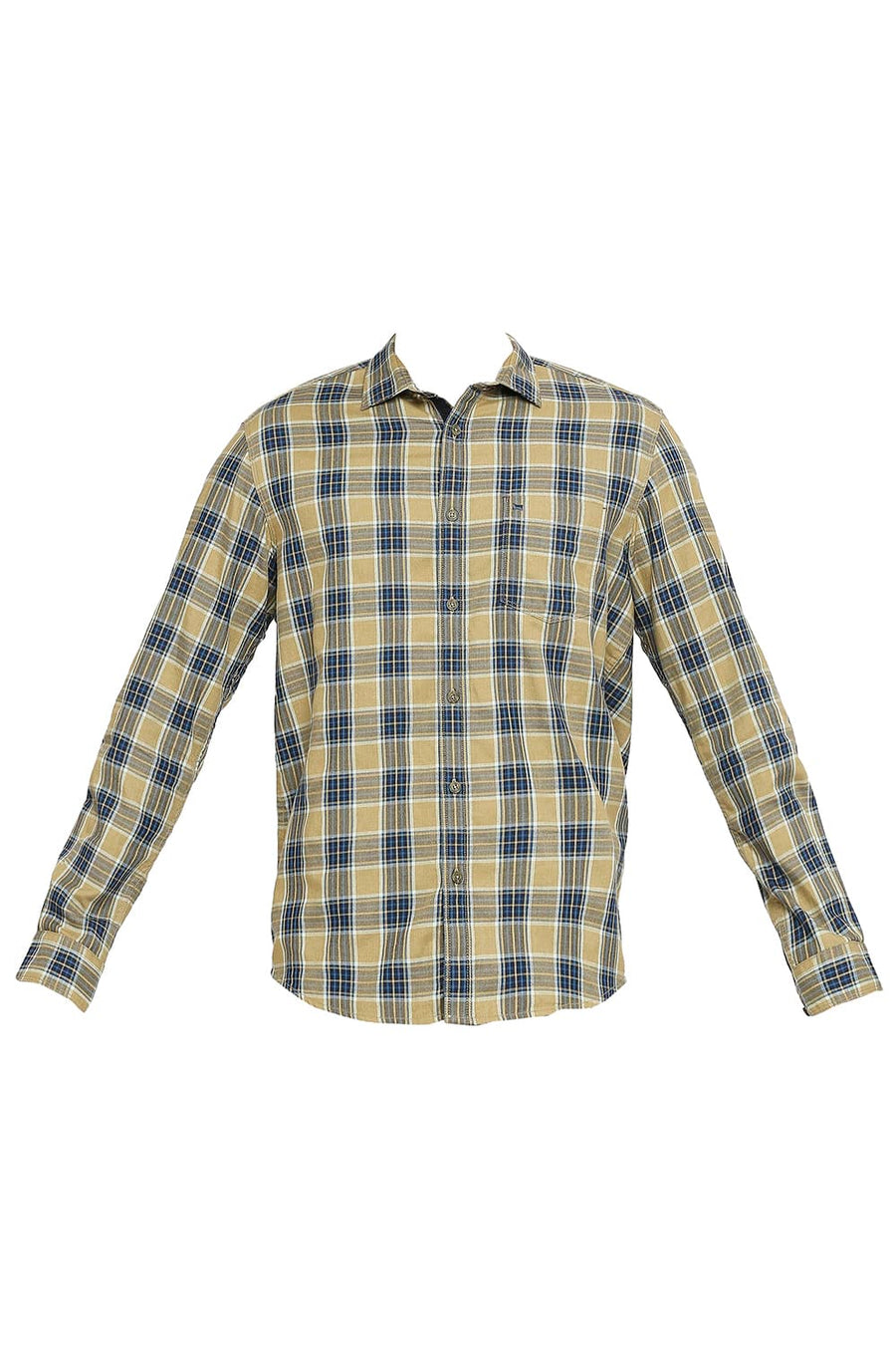 BASICS SLIM FIT POLICE KHAKI COTTON POLYESTER TWILL CHECKS SHIRT