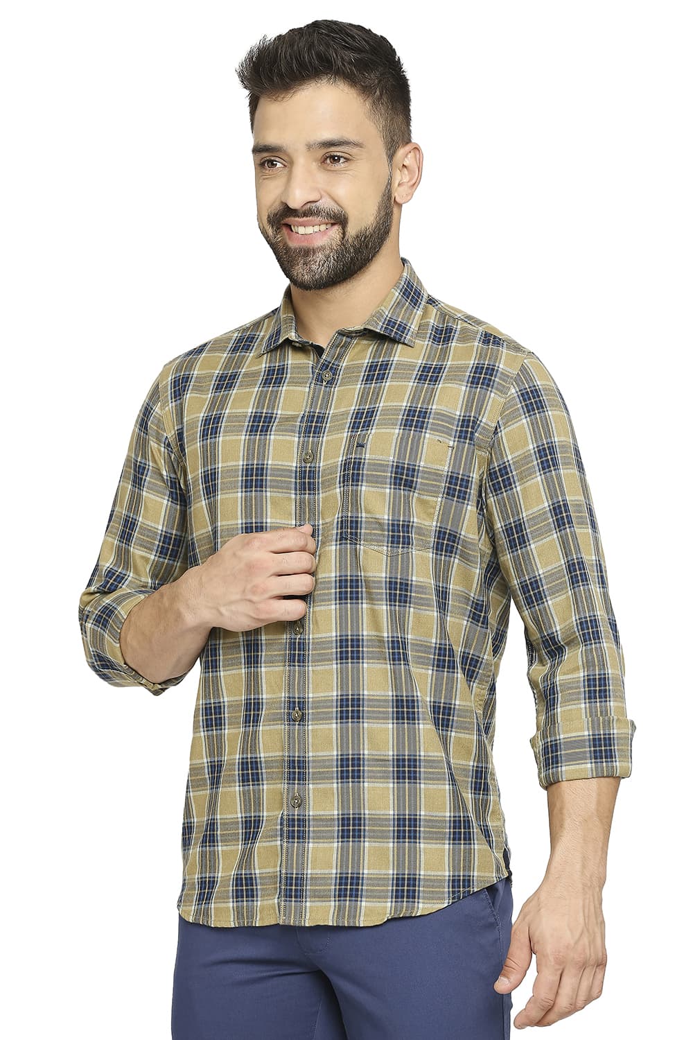 BASICS SLIM FIT COTTON POLYESTER TWILL CHECKS SHIRT