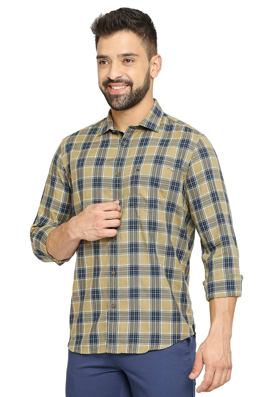 BASICS SLIM FIT POLICE KHAKI COTTON POLYESTER TWILL CHECKS SHIRT