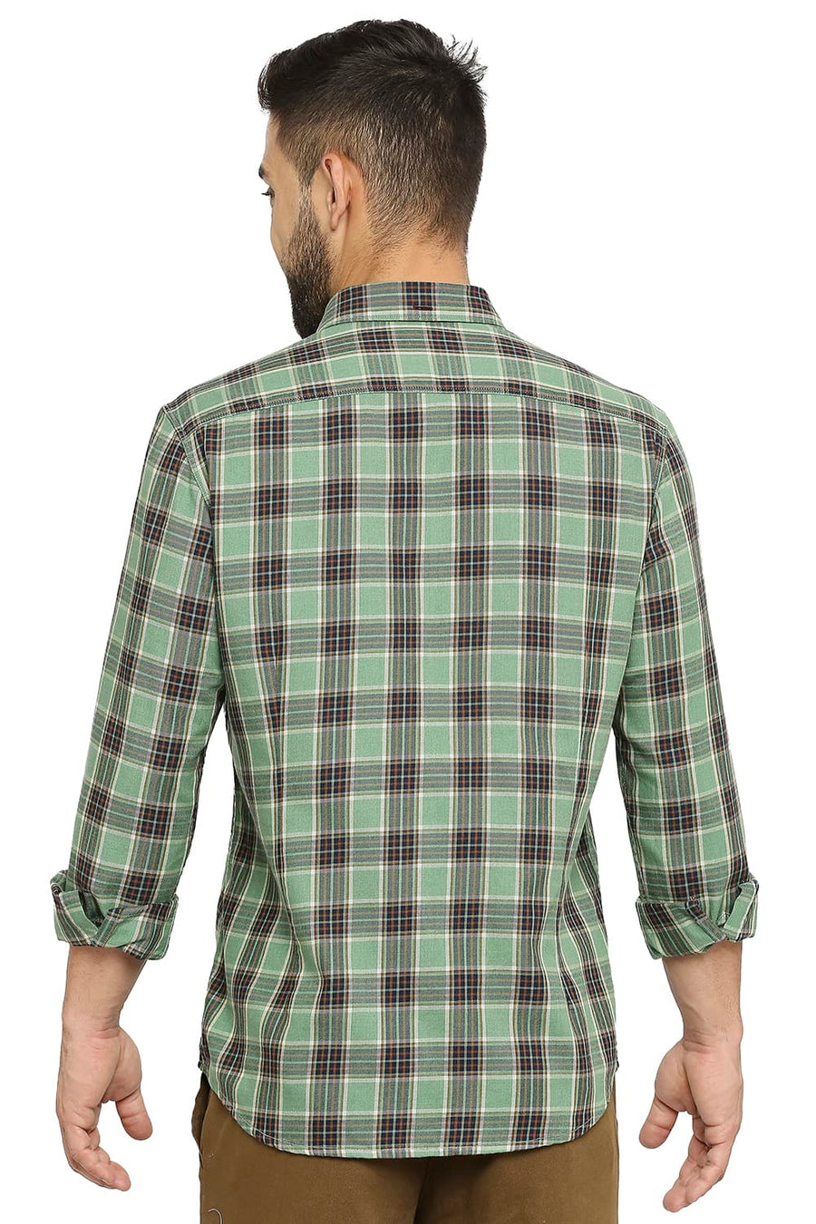 BASICS SLIM FIT BAY GREEN COTTON POLYESTER TWILL CHECKS SHIRT