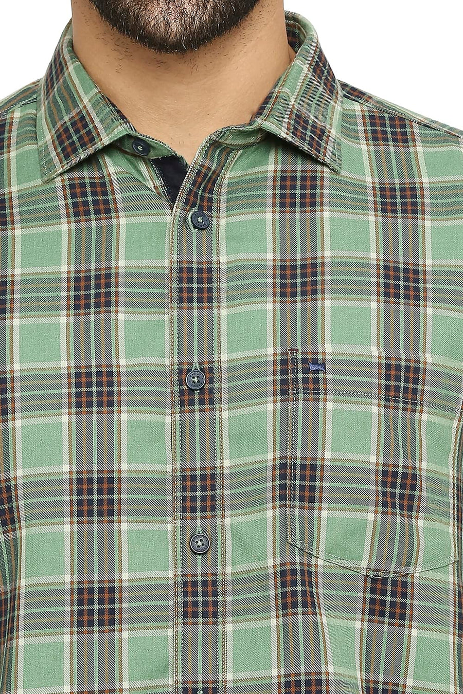 BASICS SLIM FIT BAY GREEN COTTON POLYESTER TWILL CHECKS SHIRT