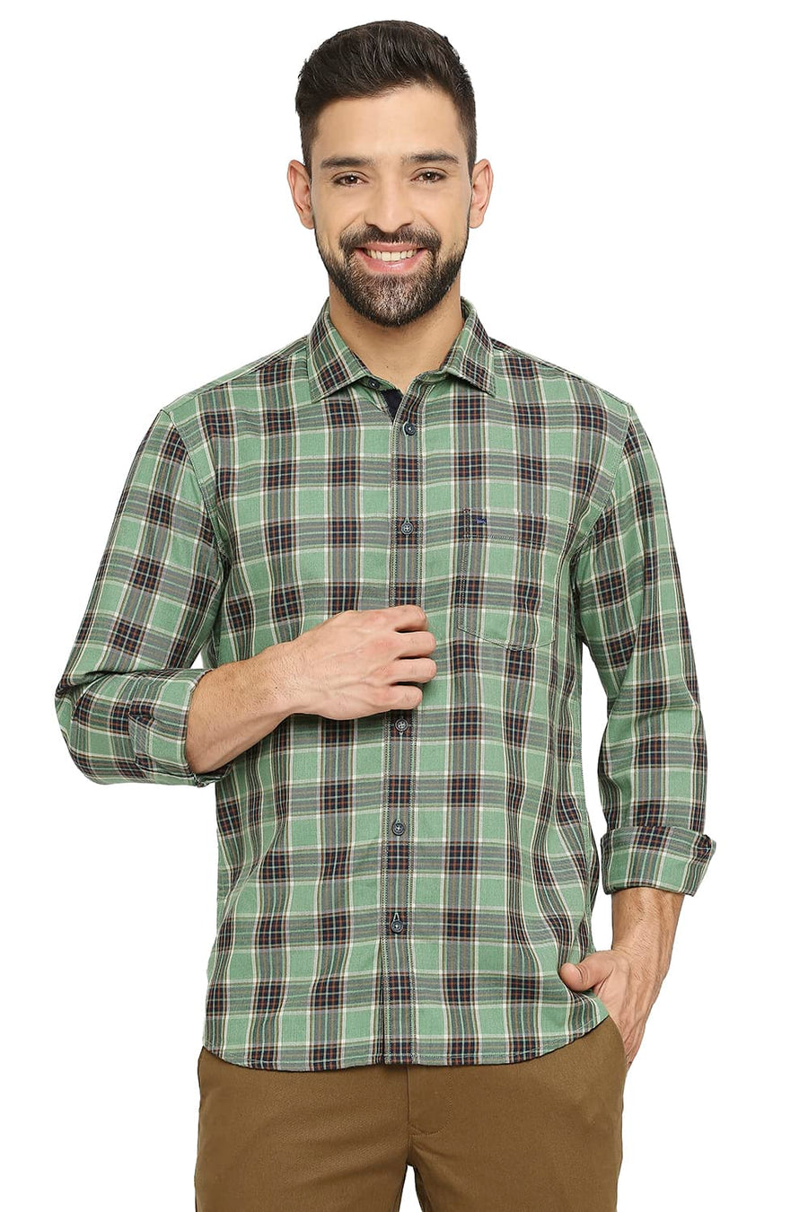 BASICS SLIM FIT BAY GREEN COTTON POLYESTER TWILL CHECKS SHIRT