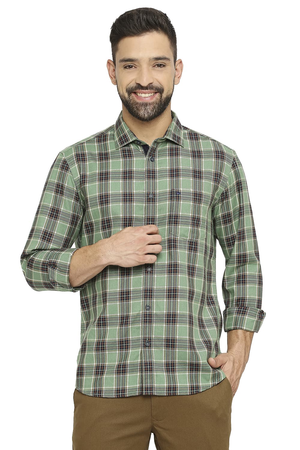 BASICS SLIM FIT COTTON POLYESTER TWILL CHECKS SHIRT