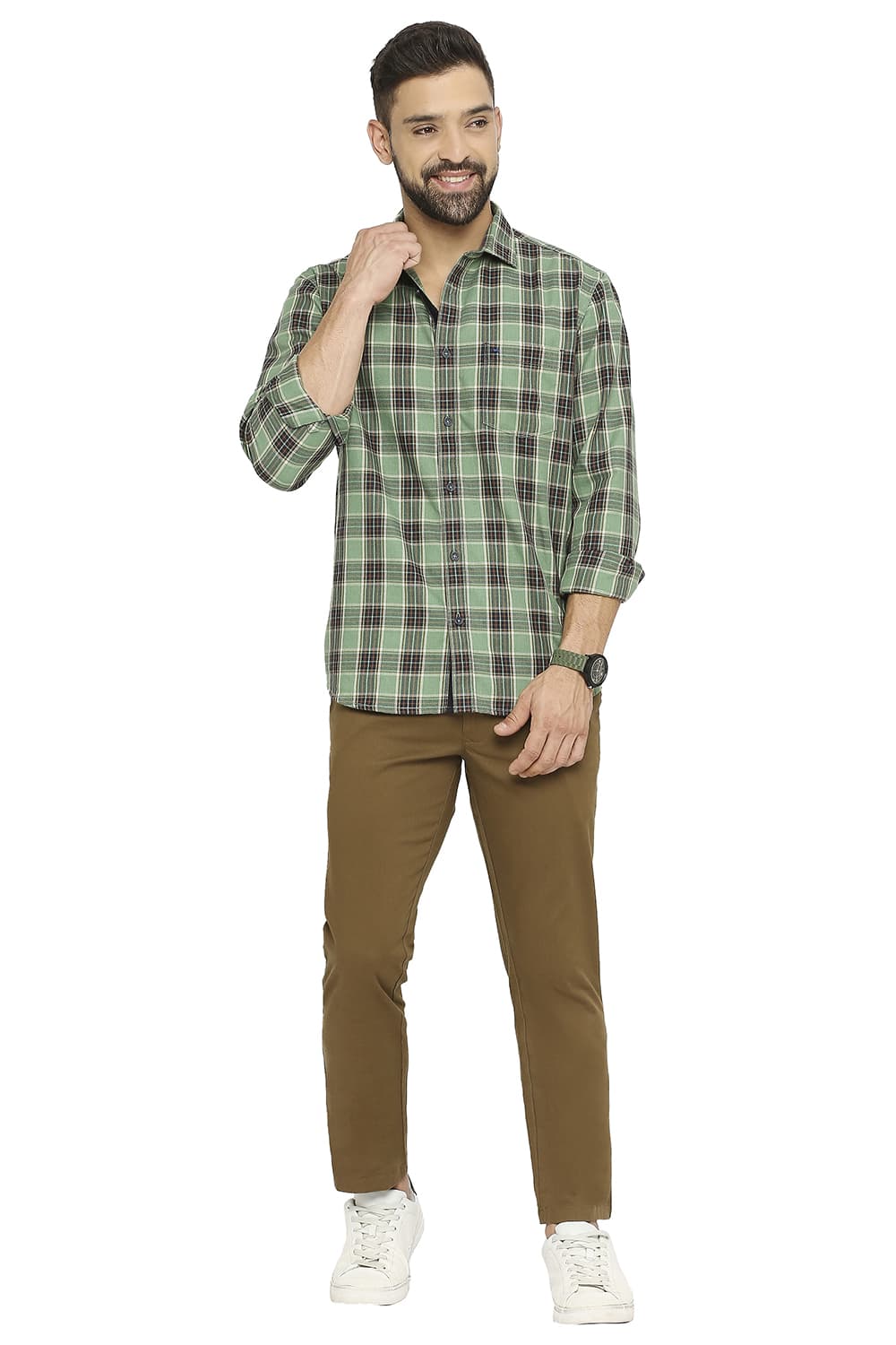 BASICS SLIM FIT COTTON POLYESTER TWILL CHECKS SHIRT