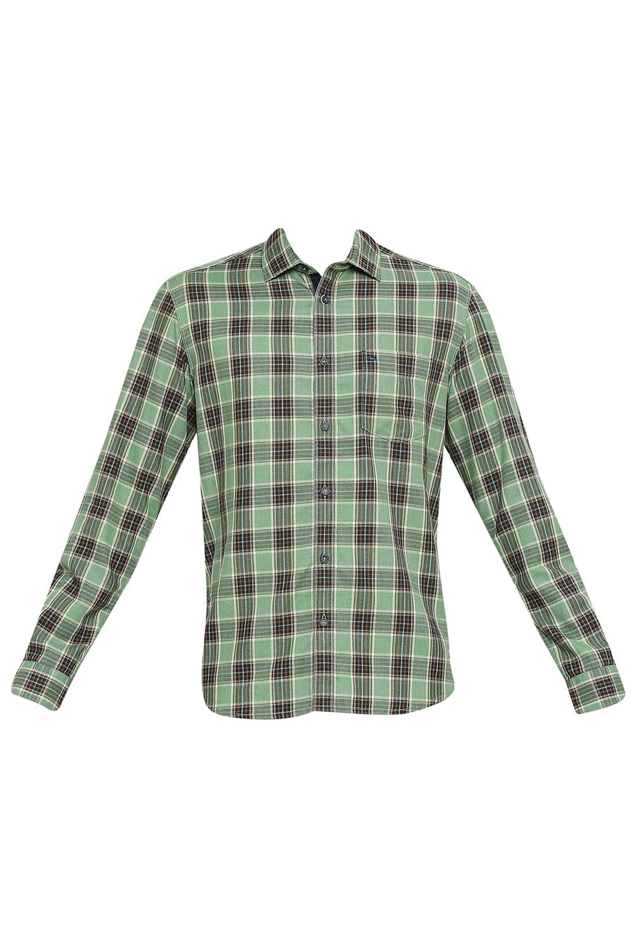 BASICS SLIM FIT BAY GREEN COTTON POLYESTER TWILL CHECKS SHIRT