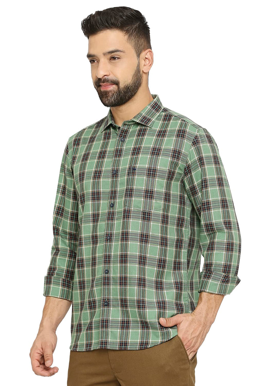 BASICS SLIM FIT BAY GREEN COTTON POLYESTER TWILL CHECKS SHIRT