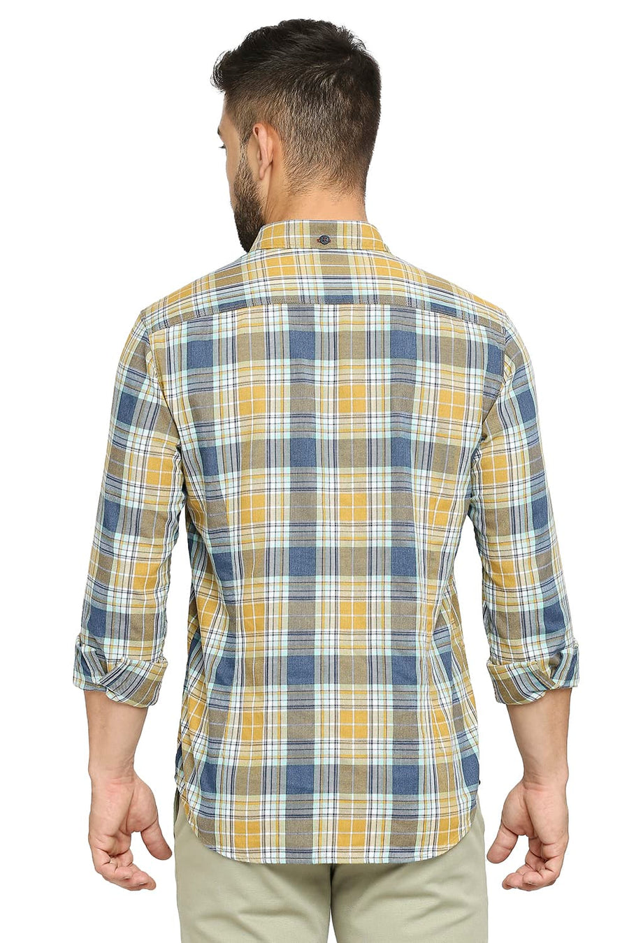 BASICS SLIM FIT DEEP SEA TEAL COTTON POLYESTER TWILL CHECKS SHIRT
