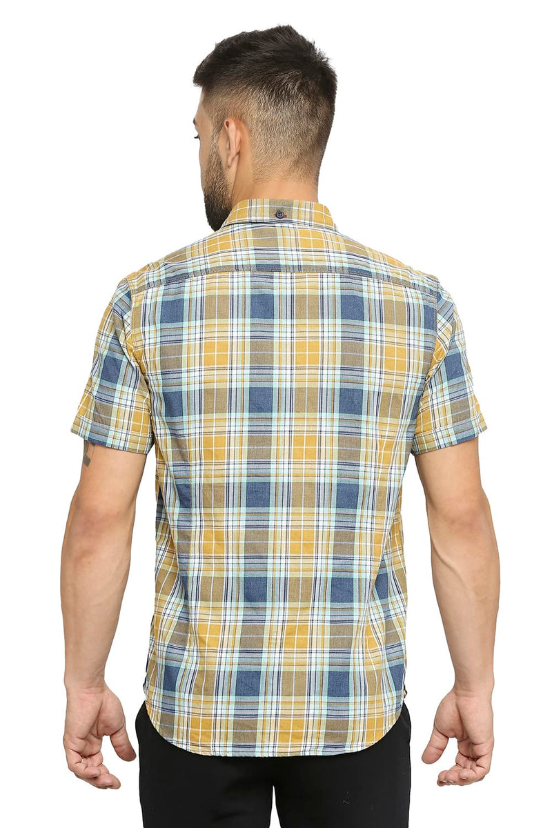 BASICS SLIM FIT COTTON POLYESTER TWILL CHECKS HALFSLEEVES SHIRT