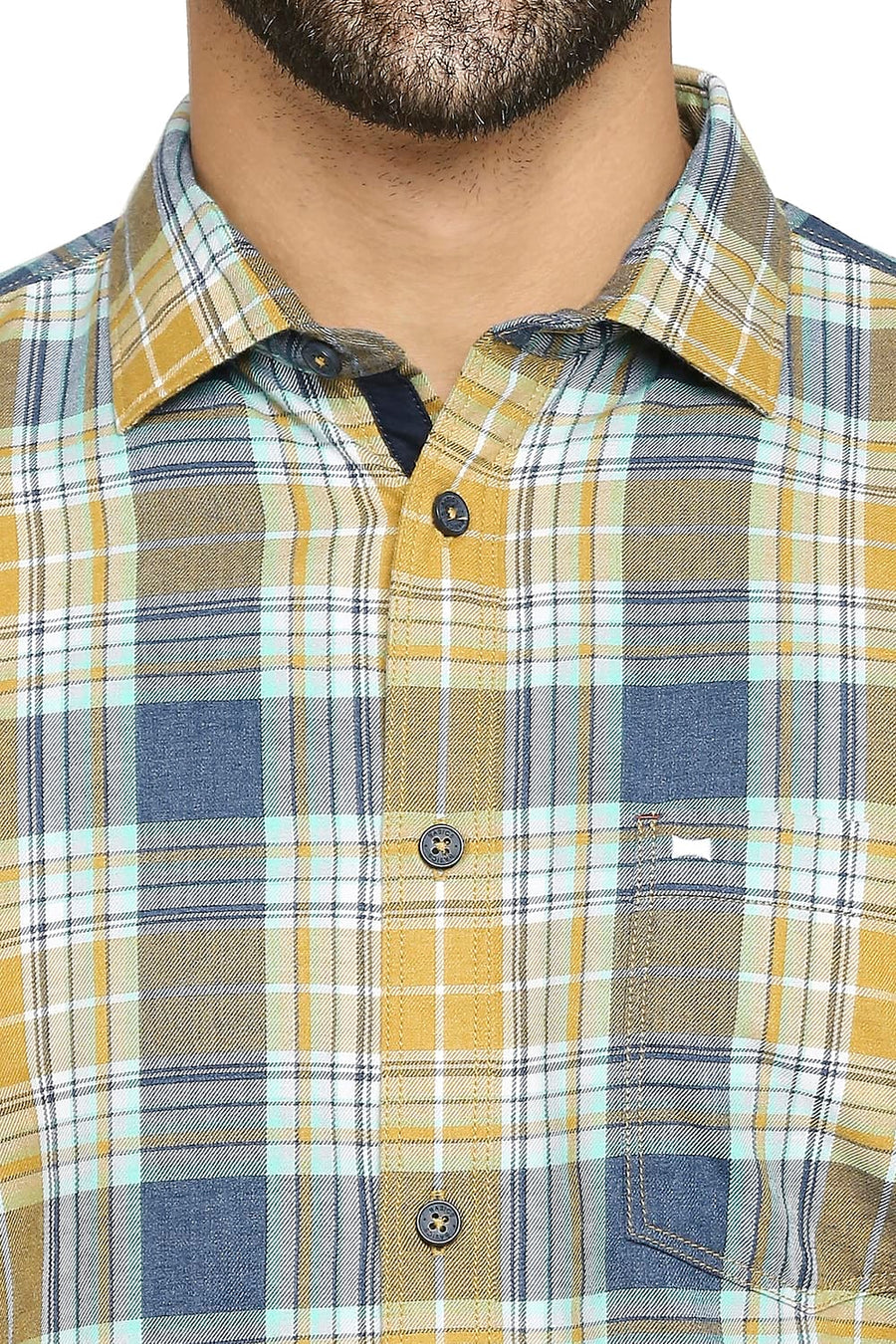 BASICS SLIM FIT DEEP SEA TEAL COTTON POLYESTER TWILL CHECKS SHIRT