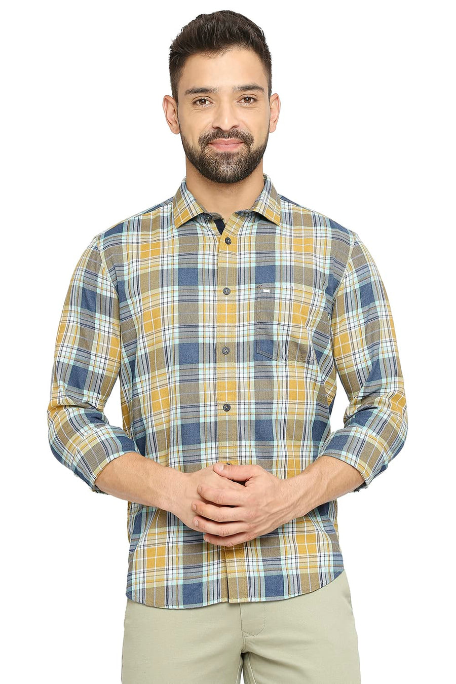 BASICS SLIM FIT DEEP SEA TEAL COTTON POLYESTER TWILL CHECKS SHIRT
