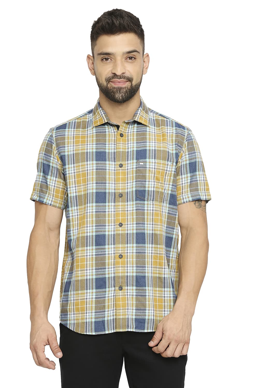 BASICS SLIM FIT COTTON POLYESTER TWILL CHECKS SHIRT