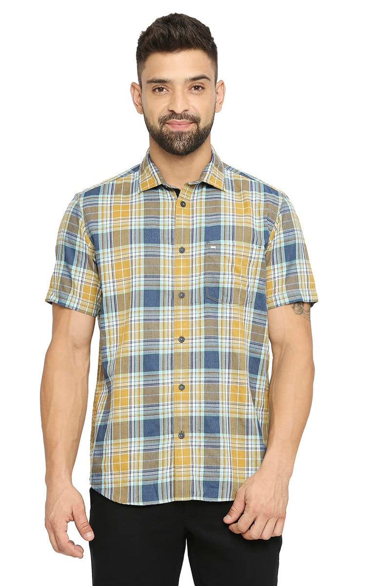 BASICS SLIM FIT COTTON POLYESTER TWILL CHECKS SHIRT