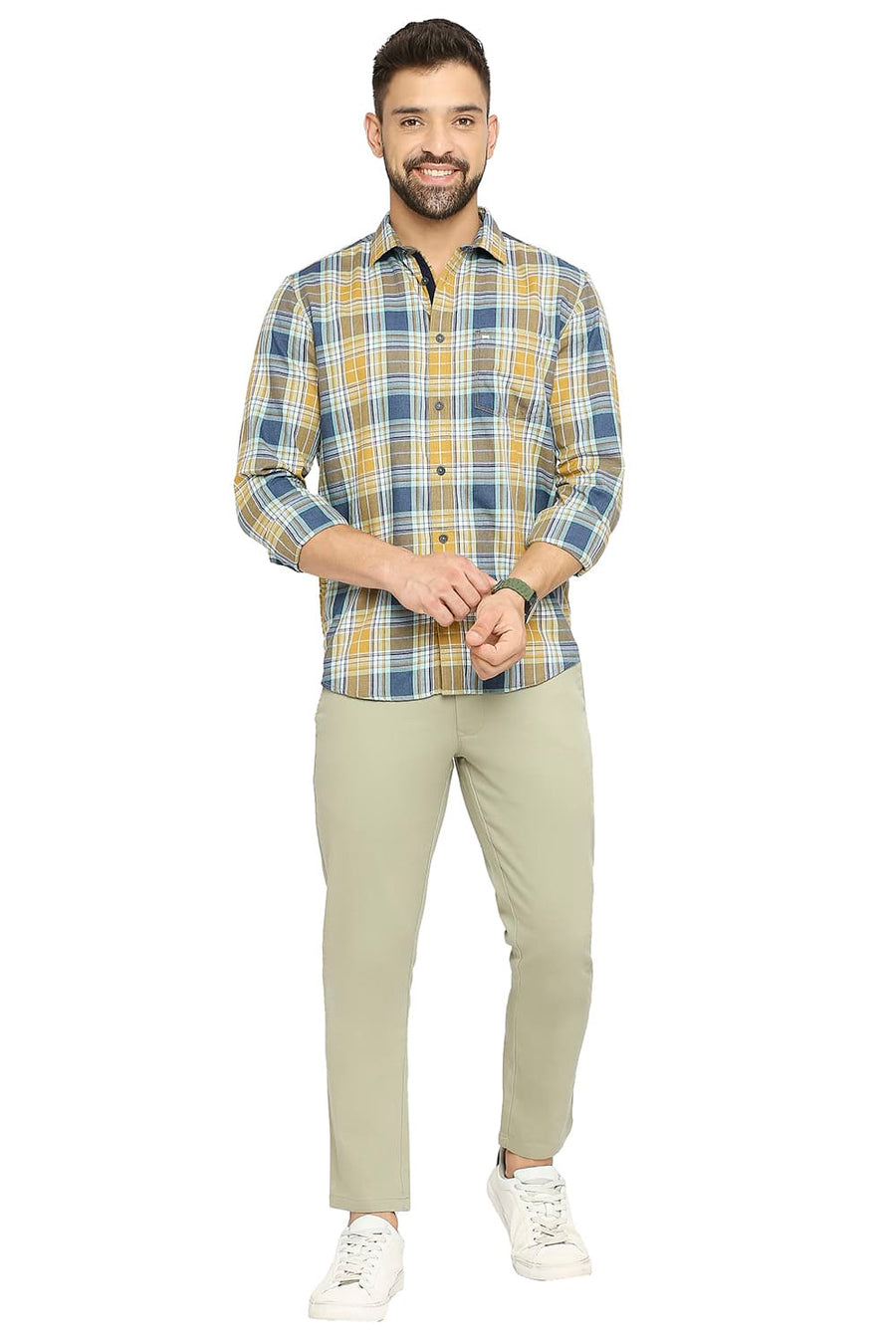 BASICS SLIM FIT DEEP SEA TEAL COTTON POLYESTER TWILL CHECKS SHIRT