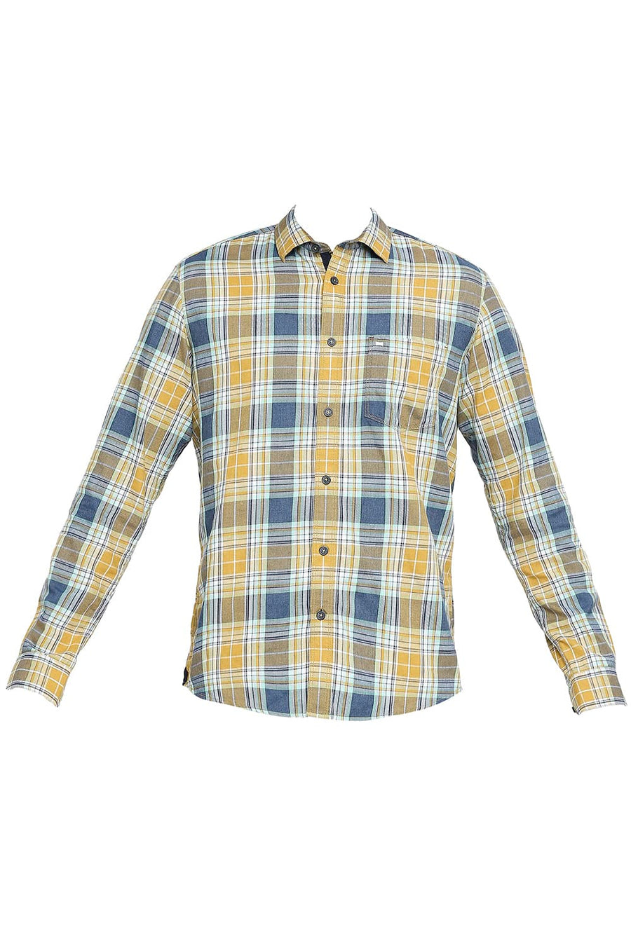 BASICS SLIM FIT DEEP SEA TEAL COTTON POLYESTER TWILL CHECKS SHIRT