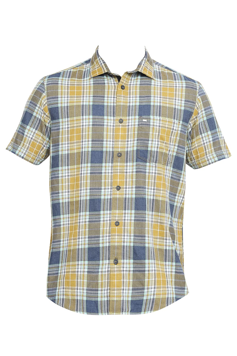 BASICS SLIM FIT COTTON POLYESTER TWILL CHECKS HALFSLEEVES SHIRT