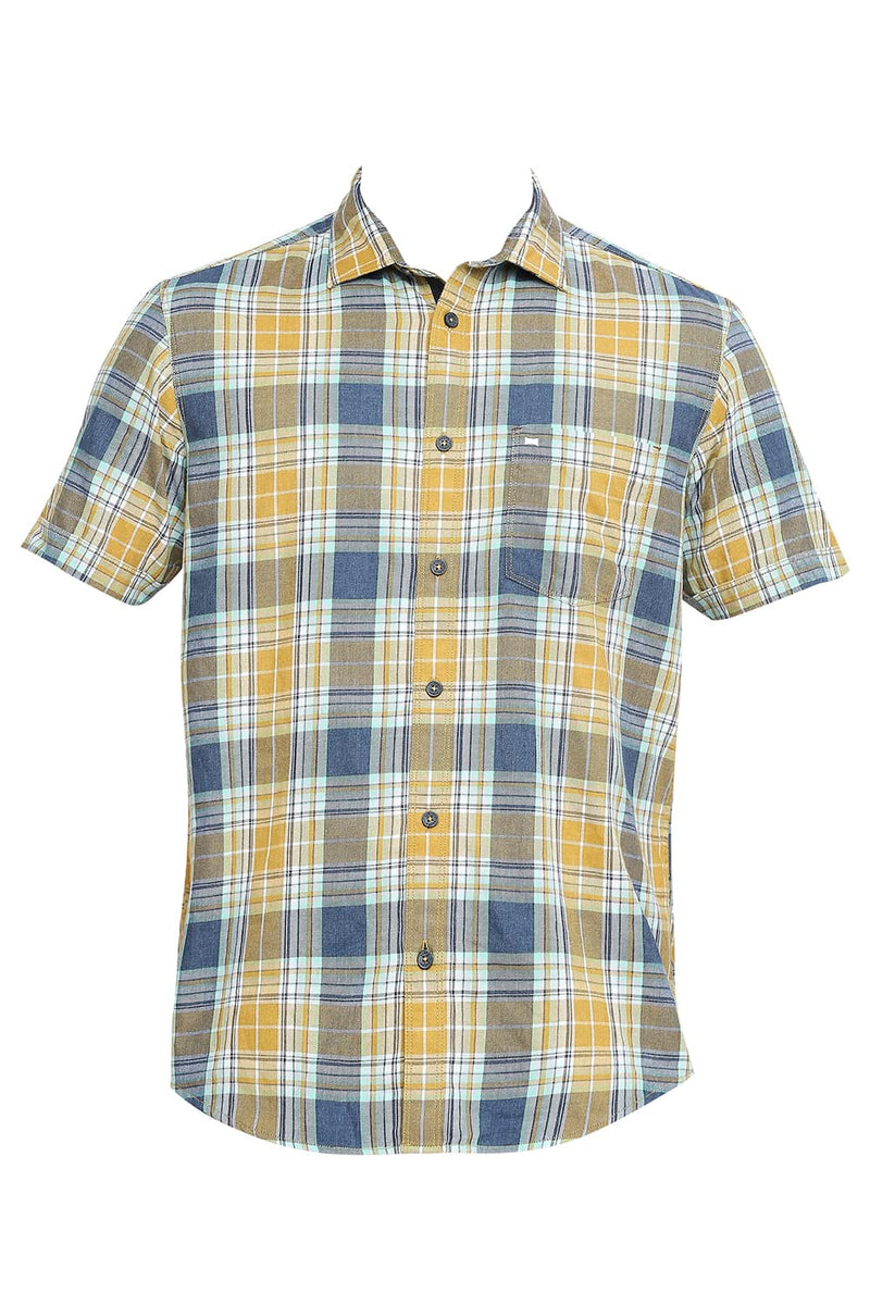 BASICS SLIM FIT COTTON POLYESTER TWILL CHECKS HALFSLEEVES SHIRT