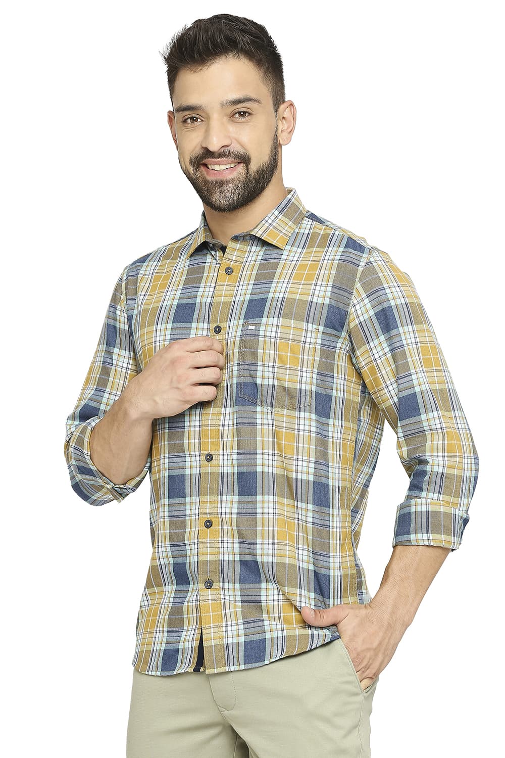 BASICS SLIM FIT COTTON POLYESTER TWILL CHECKS SHIRT